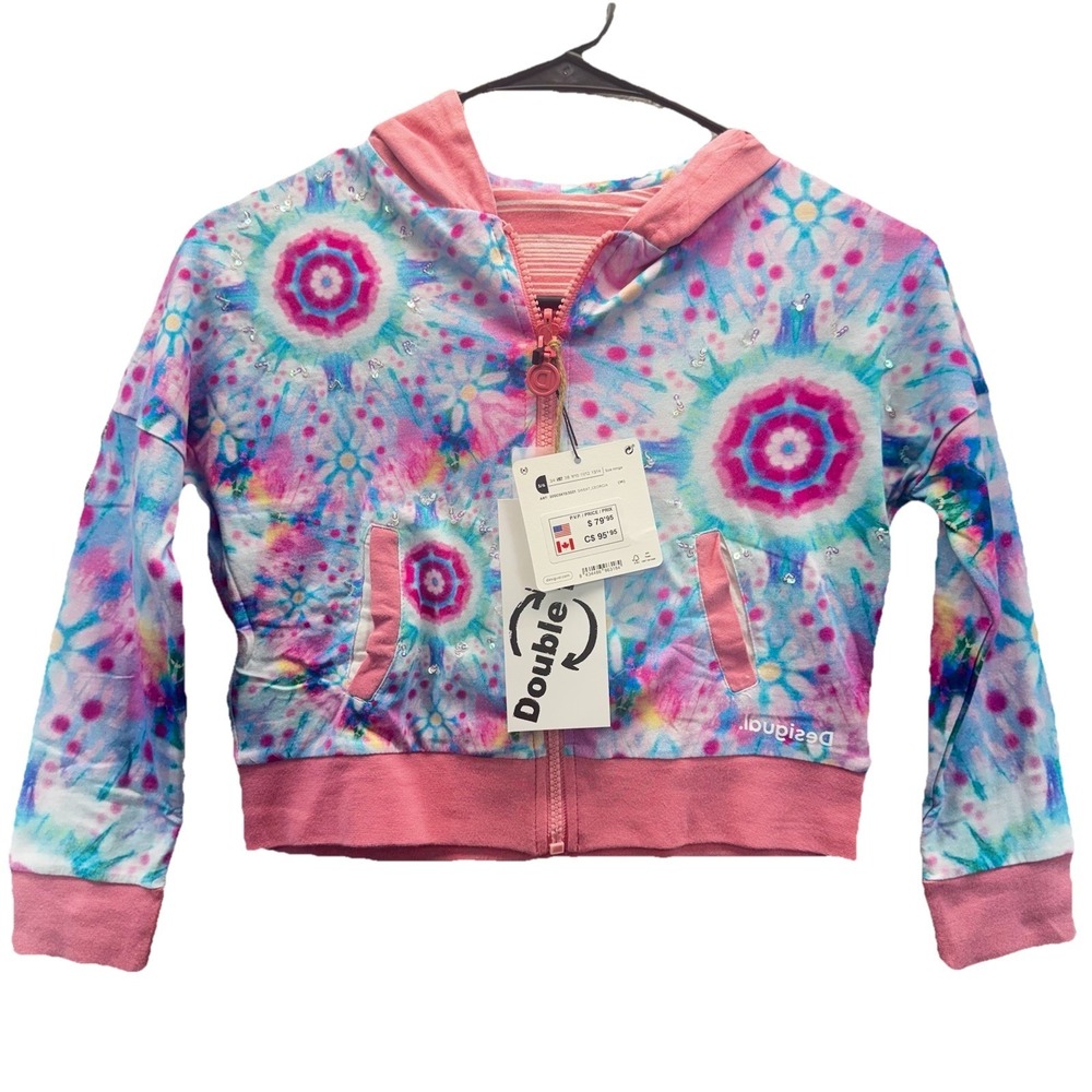 Desigual Girls Reversible Hoodie Size 5/6 Blue Tie Dye / Pink Striped Sequin
